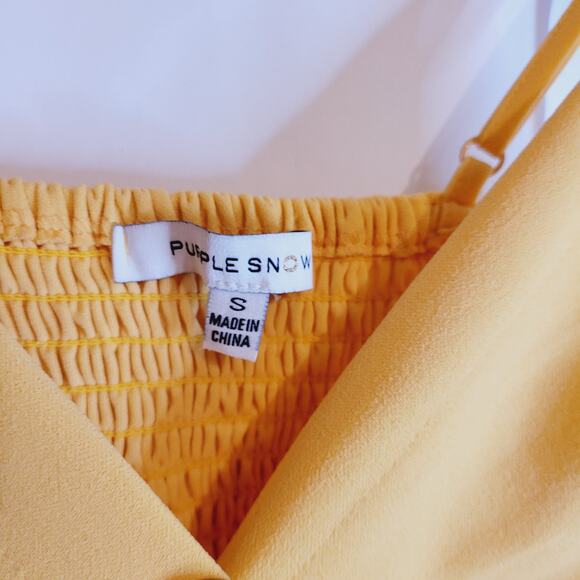 Purple Snow yellow wrap button detail sleeveless vneck smocked back dress Sz Sm - Picture 3 of 8